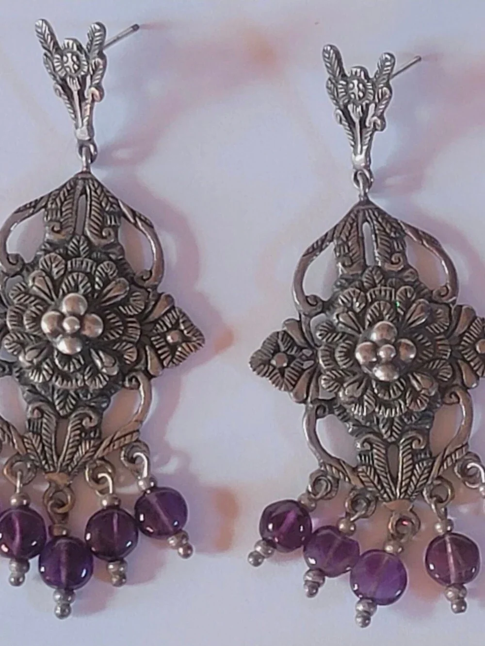 Peruvian Connection colonial silver filigree earrings .925 purple beads $375
